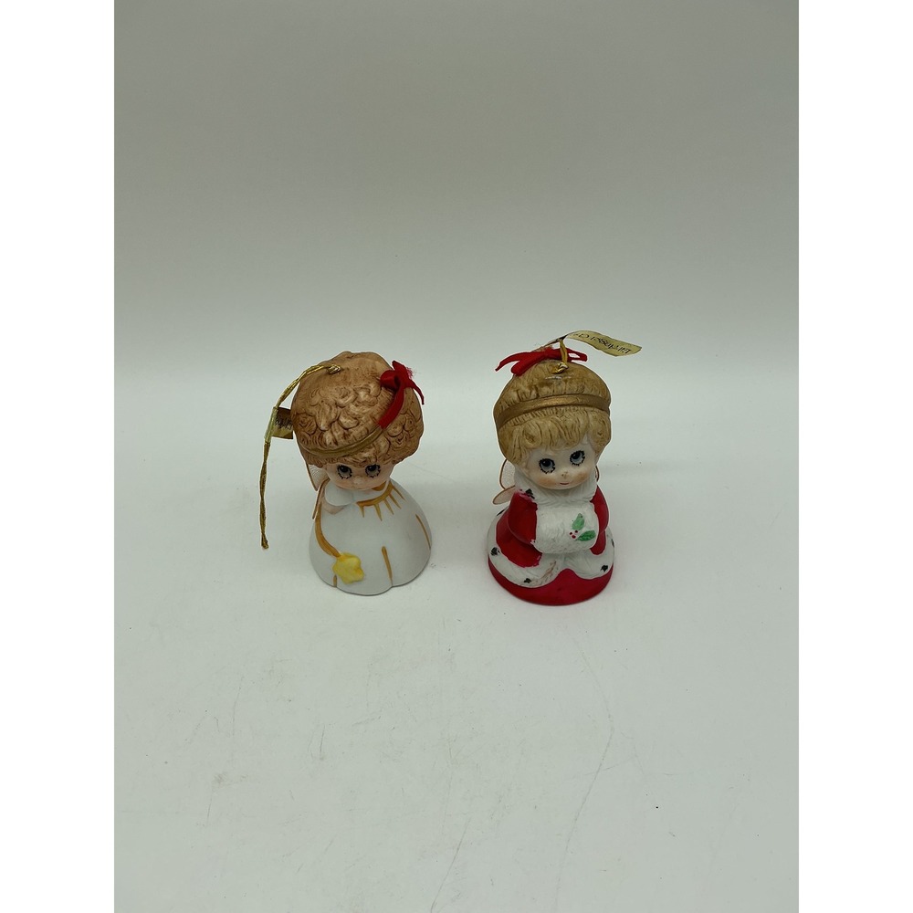 2 Vintage Jasco Lil Angel Chimes Bisque Porcelain Bell Ornaments Christmas